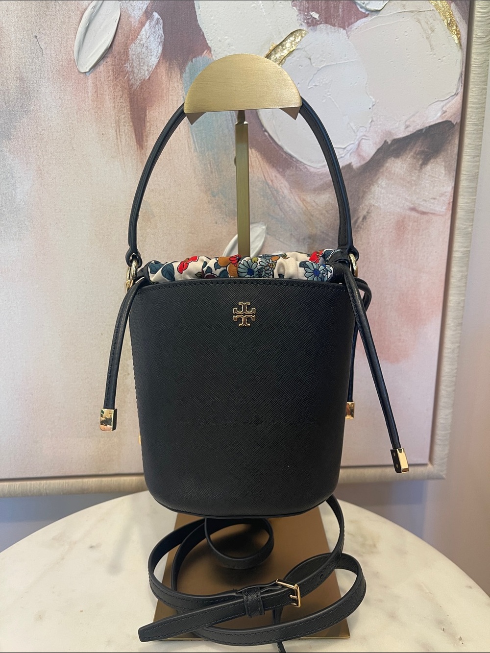 Tory Burch Emerson Mini Bucket Bag Black Leather Floral Insert